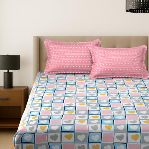Image of MAFATLAL Plush 140 GSM Double Bed Sheet | Smooth Microfiber | Queen 90x100 | Lightweight, Soft & Vibrant | Pink & Light Blue