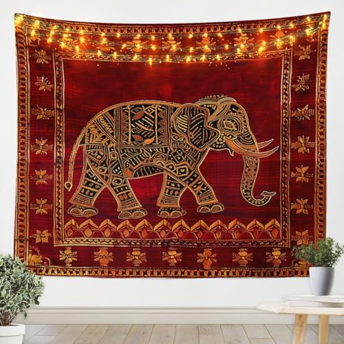 Indian Elephant Kids Tapestry,Native American Indian Exotic Wall Tapestries,Boys Girls Room Decor,Psychedelic Bohemia Retro Wall Hanging,Red Trippy Boho Home Wall Decor,XLarge 70.9 x 92.5 Inches