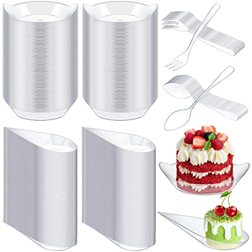 200 Pcs Mini Clear Dessert Plates Mini Appetizer Plates With 100 Pcs Mini Plastic Appetizer Forks 100 Pcs Plastic Spoons Disposable Appetizer Plates For Wedding, Birthday (Oval, Teardrop Style) #TOP23