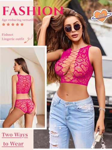 Image of Avidlove Womens Fishnet Lingerie Set Sexy Two Piece Lingeries Hollow Out Stripper Outfit Heart Print Mesh Crop Tops
