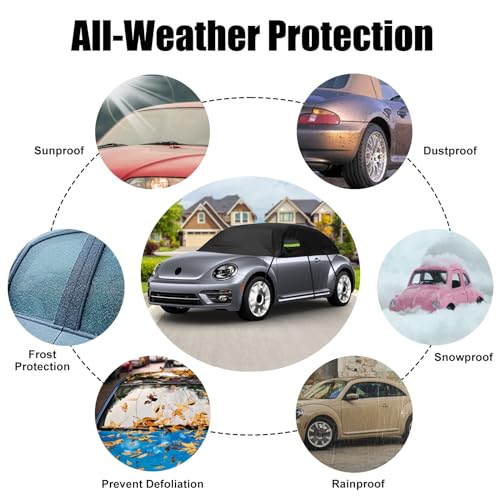 Image of Half Car Cover Compatible with Volkswagen New Beetle 1998-2022, All Weather Protection with Side Mirror Cover, Waterproof Top Roof Protector for Rain Hail Sunshine Protection