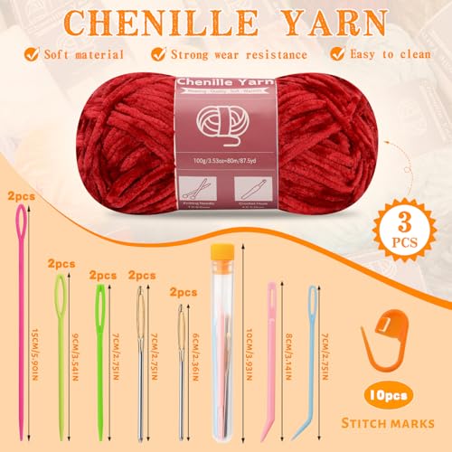 Image of LUNARM Chenille Yarn 3 Pack 3.5oz Chunky Blanket Velvet Yarn 263 Yard | Dark Red Chunky Chenille Yarn for Beginners Crocheting Hand Knitting Scarves with Big Eye Needles Machine Washable