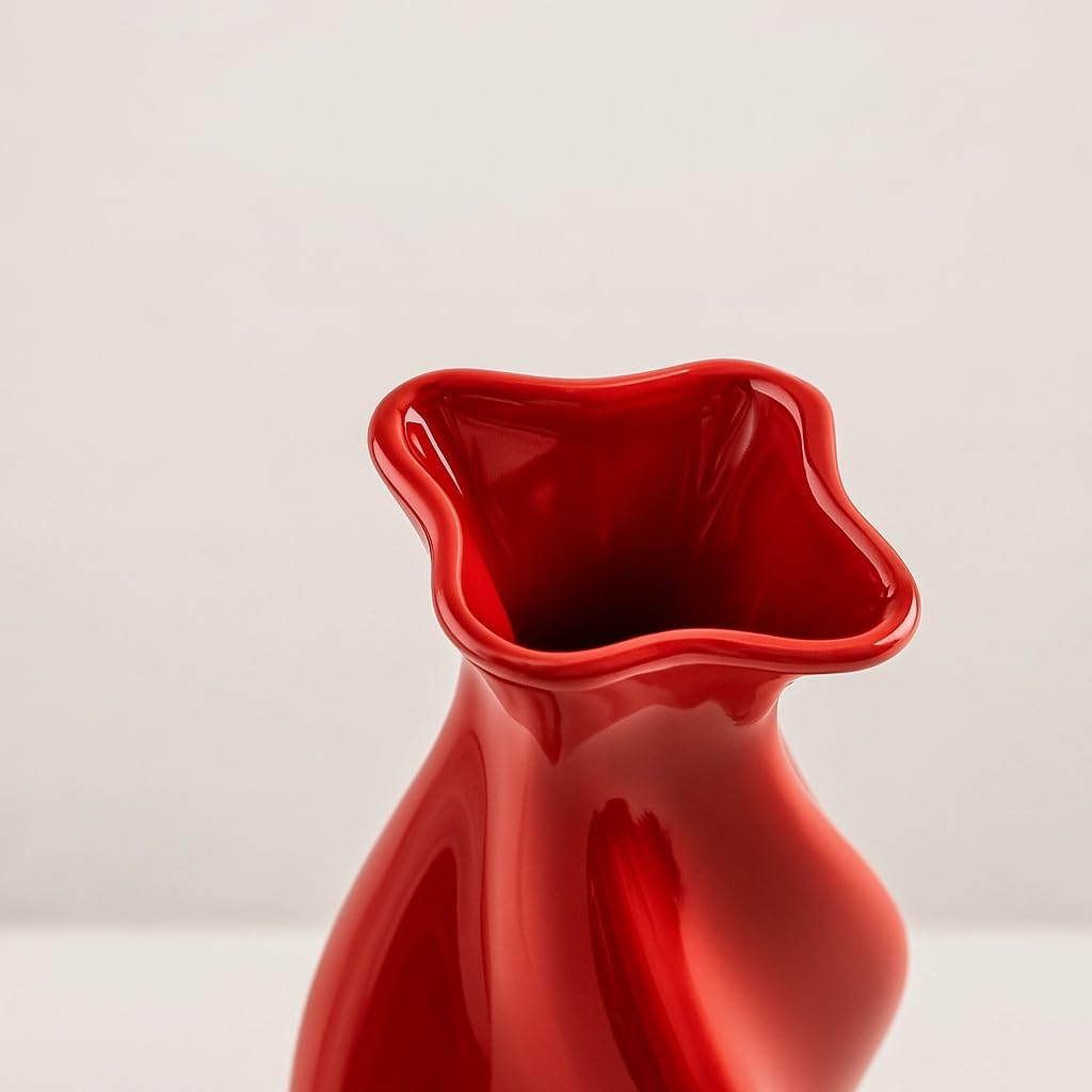 Red Ceramic Vase for Modern Home Decor - Unique Wavy Shape Decorative Vase for Living Room, Bedroom - Ideal Gift for Women, Valentine's Day, Housewarming (ChifonCyan 7.87 Inches) - Image 5