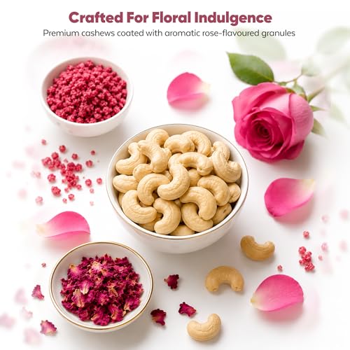 Image of DRIYOZ Rosy Crunch Rose Flavoured Cashew Nuts 250g | Premium Crunchy Kaju Coated with Sweet Rose Granules | Gourmet Floral Nut Snack for Gifting, Festivals & Daily Snacking