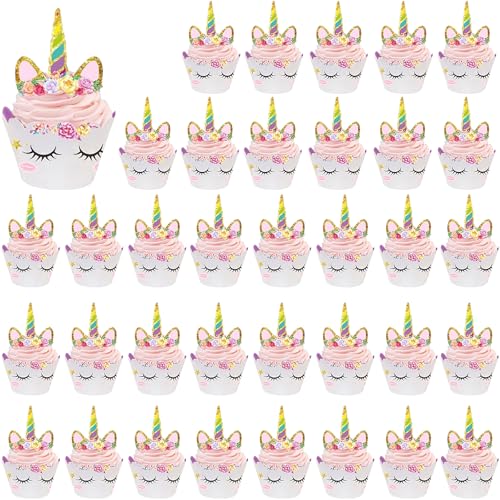 Cupcake Topper Wrapper, 36 conjunto unicórnio Cupcake Toppers, decoração de madalenas, Cake Decorations para meninos e meninas presente unicórnio decorações de festa de aniversário