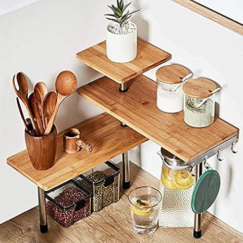 HYNAWIN 3 Tier Corner Shelf Bamboo & Metal Storage Spice Rack-Desk Bookshelf Display Shelves Space Saving Organizer -Adjustable Rack for Kitchen,Bedroom, Office-Creative Home Décor with Hooks Cover