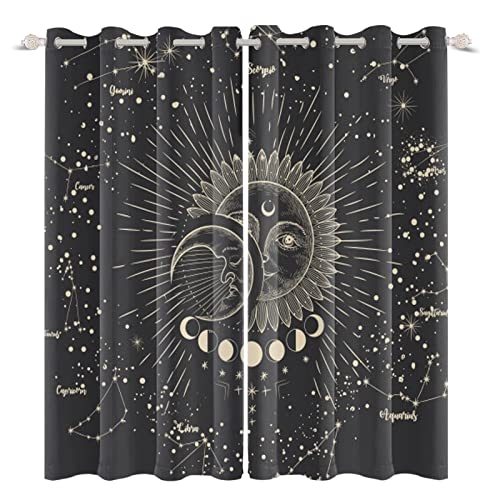 SDOTPMT Gothic Tarot Astrology Window Curtain Sun Moon Stars Galaxy Window Drapes Black Window Treatment for Living Room Bedroom Decor Blackout Curtains 107x215cm