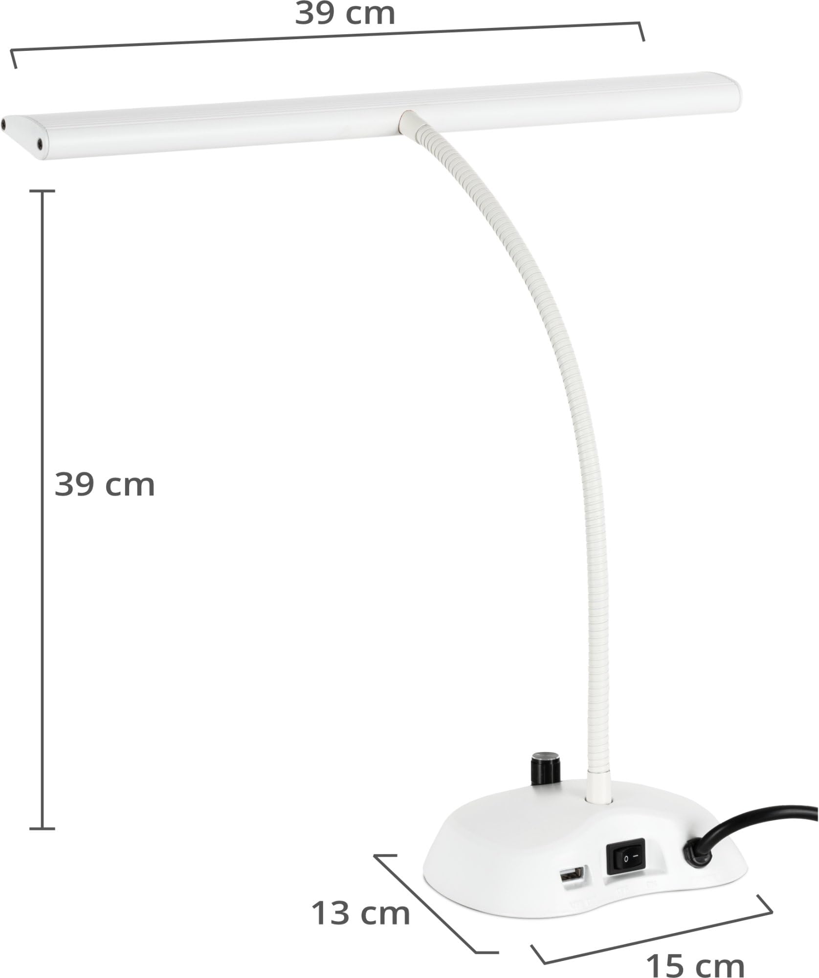 Classic Cantabile 12220 Lampada Da Pianoforte Dimmerabile Bianca - 36 LED luminose - Collo d'oca lungo 38 cm - Porta di ricarica USB integrato per smartphone o tablet - Bianca