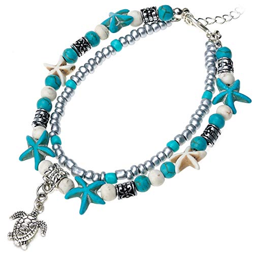Suyi Girl Layered Anklets Turquoise Beads Sea Turtle Anklets Adjustable Starfish Beach Foot Chains Jewelry for Women Seaturtle