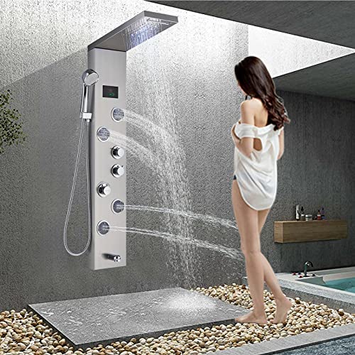 Panel de Ducha LED Impermeable con Cascada y Masaje Corporal, Torre de Chorro, Acero Inoxidable y Latón miniatura 1