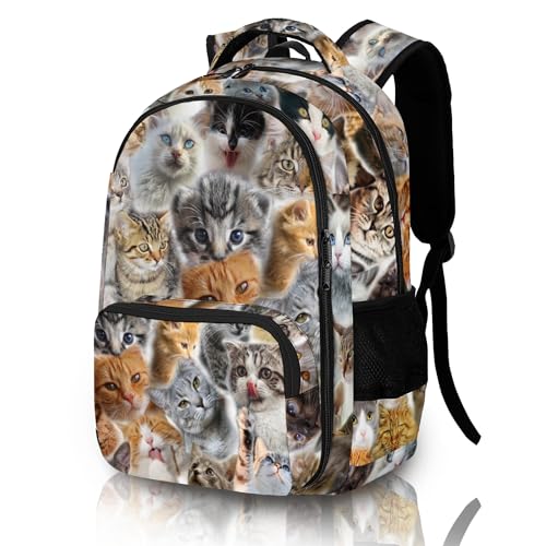Cute Cats Backpack for Kids Boys Girls, Funny Cat Backpack for School Outdoor Travel 16.5inch