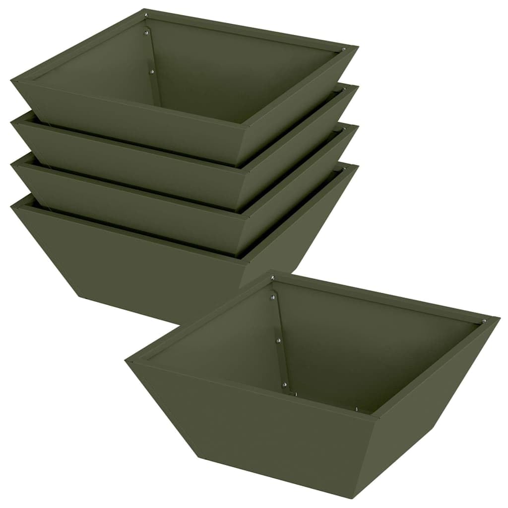 Doniczka ogrodowa 5 sztuk Zielony oliwkowy 40x40x15 cm Stalowa metalowa donica tarasowa trapezowy nowoczesny zestaw na kwiaty krzewy trawy ozdobne