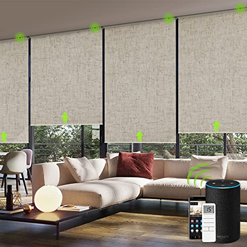 Yoolax persiana enrollable motorizada para ventana con control remoto, blackout, automático compatible con Alexa, persiana inteligente de batería recargable y segura para niños con cenefa (Lino Beige)