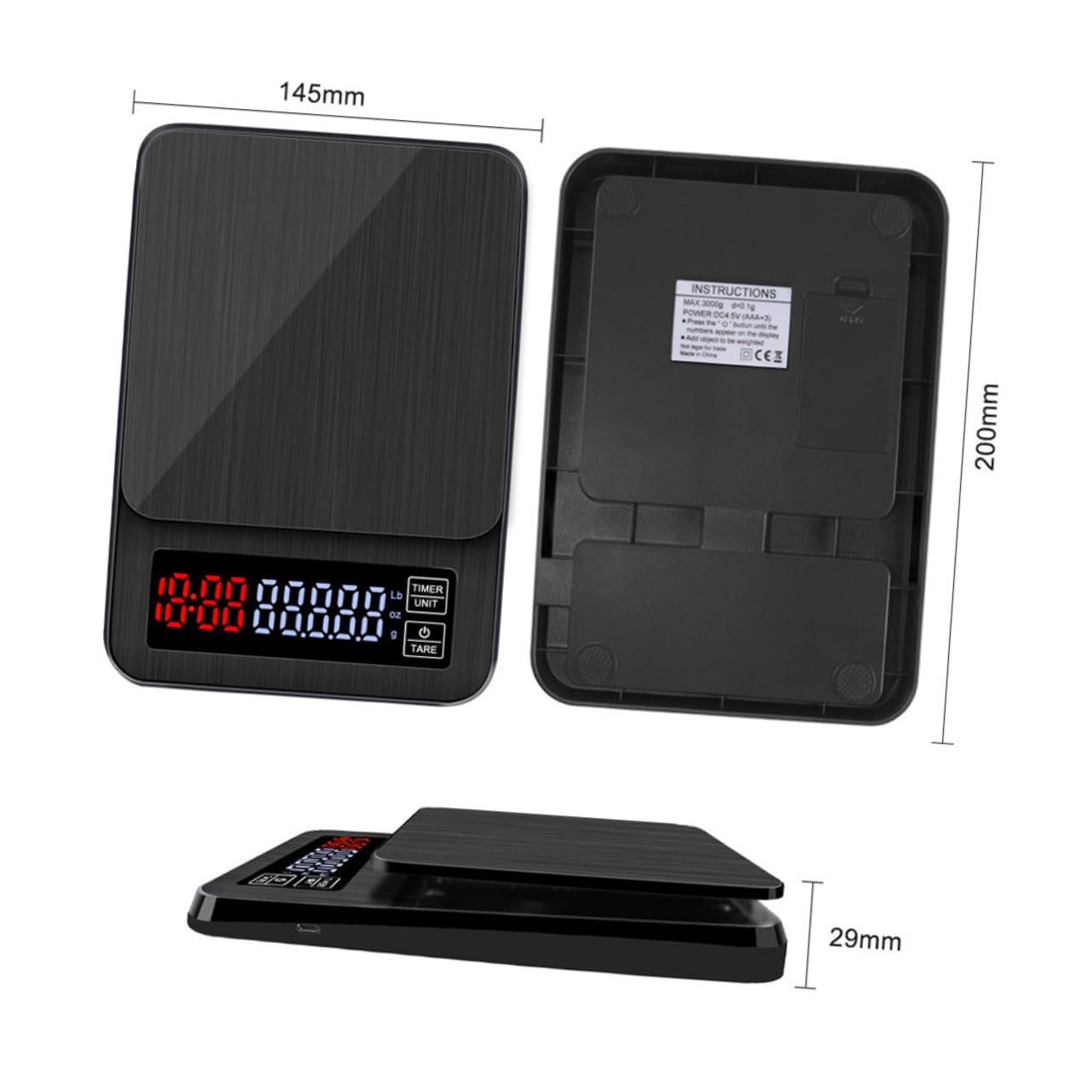 PRETYZOOM Báscula Digital para Café con Temporizador y Sensores de Precisión, Capacidad 5kg, Color Negro, sin Pilas, Adecuado para Pesar Alimentos y Dietas