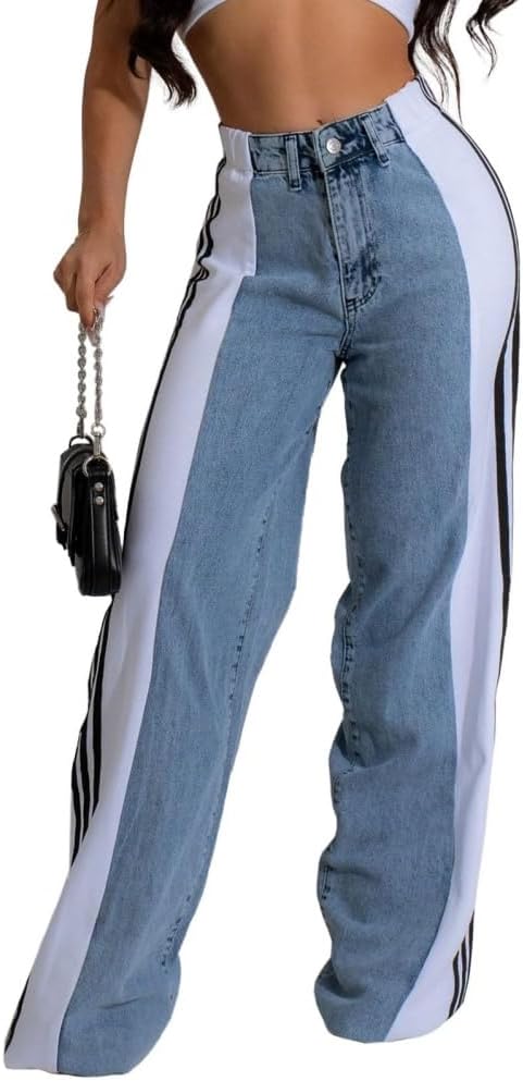 Women's Patchwork Striped high Waist Stretch Denim Color Matching Straight Wide Leg Fashionable Boyfriend Style Jeans