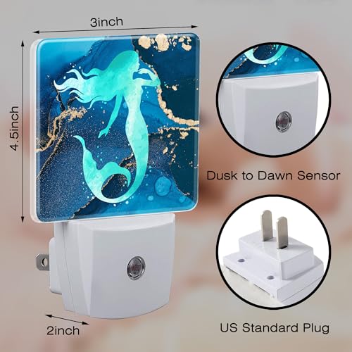 Image of Watercolor Turquoise Mermaid Night Light for Kids,Navy Blue Golden Marble Night Light Plug in with Dusk to Dawn Sensor,0.5w Energy Saving Nightlight for Hallway Stairway Kitchen Bedroom