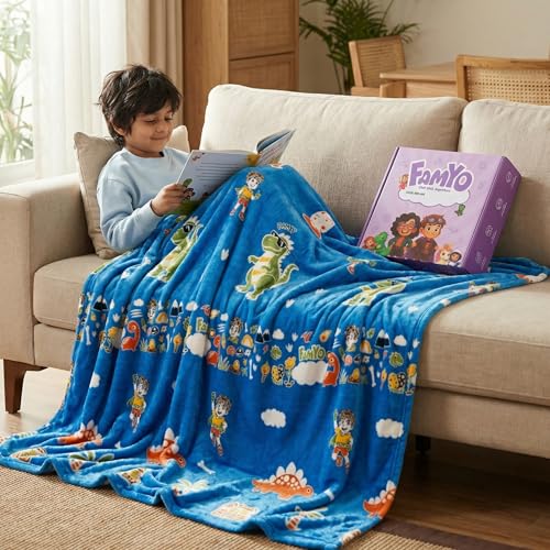 Image of Famyo GlowMaxx Glow Blanket for Kids - Rexy the Dino | 0-15 Yrs | 200x152 cm Double Bed Blanket | Soft Flannel Blankets for Winter | Ideal Gift for Kids Room Decor | Lab-Tested & Safe, (Blue)