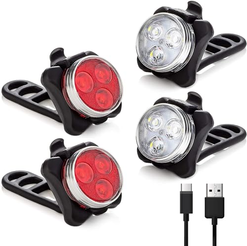 LED Licht Wiederaufladbares 4er Set, Helles Licht, Kompakt und Wasserdicht, Langlebiger Akku, LED Lampe Set für Außenbereich, kann auch als Kinderwagen Licht/Rucksack Licht (2Weiße und 2rote Lichter)