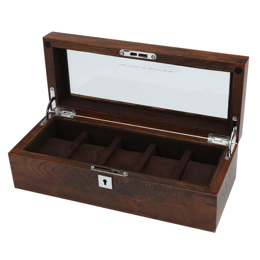 ANVLOJRIH Wood Watch Box Glass Lid 5 Watch Luxury Jewellery Display Storage Box Bracelet Tray with 5 Removal Storage Pillows and Lockable Metal Lock