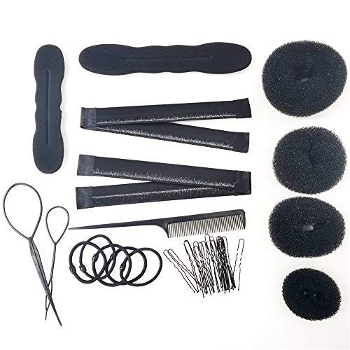 4 pcs Hair Donut Bun Makers, 2 Pieces Foam Sponge Bun Shapers, 2 Pieces Magic French Twist Hairstyle Clip,2 Snap Bun Makers,1 comb, 5pcs Hair Elastic Bands, 18pcs Hair Pins (Black)