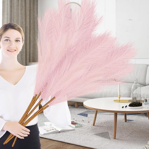 Duscdesp 43'/110cm Pampas Grass Artificial - 6 Pcs Tall Fluffy Faux Pampas for Floor Vases,Wedding & Living Room Boho Decor (Pink)