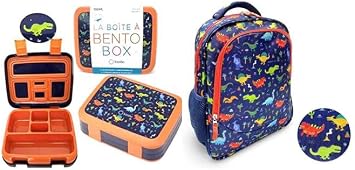 Bundle of Kids Lunch Box - Bento Box for Boys Toddler Daycare, 3+ Years Old, Blue Orange Dinosaur + Dinosaur Backpack for Kids Toddlers Boys, Cute 13 Blue Dino