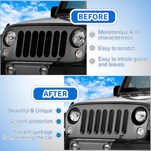 Image of Nilight Grill Inserts fit for Jeep Wrangler Front Grille Mesh Inserts & Headlight Cover Set for JK JKU Unlimited Sports Sahara Freedom Rubicon 2007-2018 Clip-in Trim Exterior Accessories Black 9 Pcs