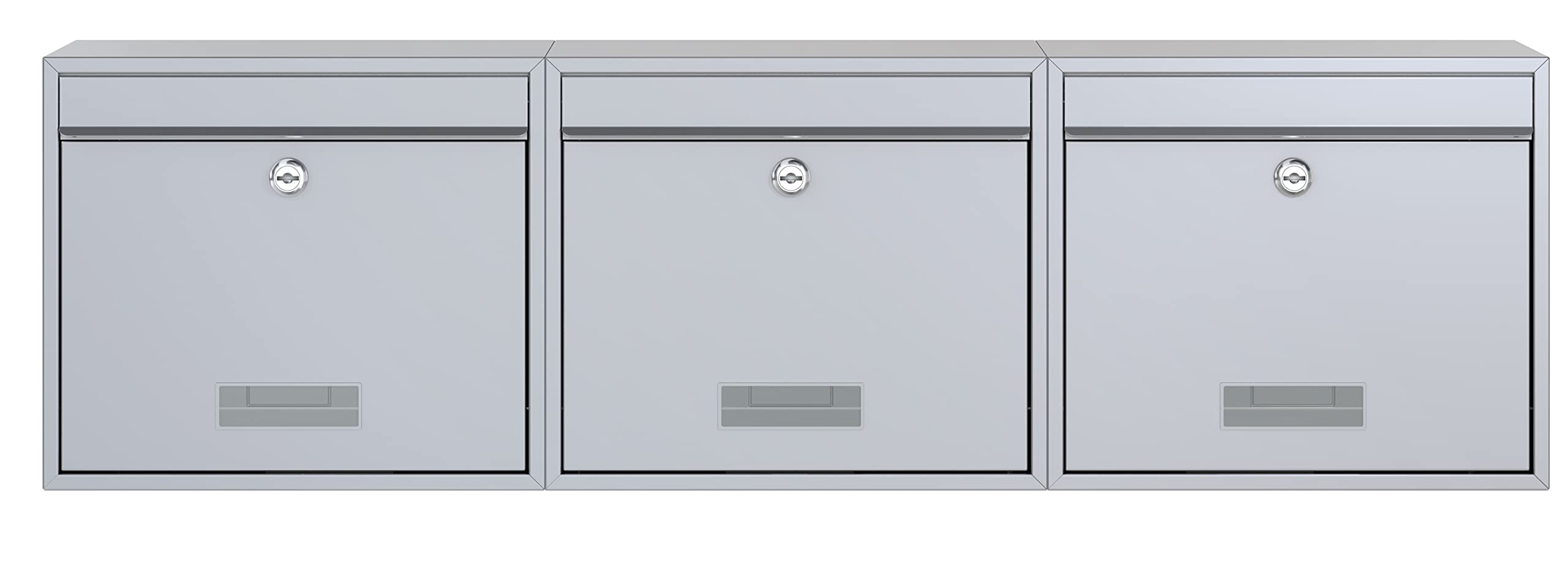 BASI Juego de 3 buzones de pared de acero, color plateado, con placa para nombre, cerradura cilíndrica con 2 llaves, incluye material de fijación, sistema de buzón, 3 unidades