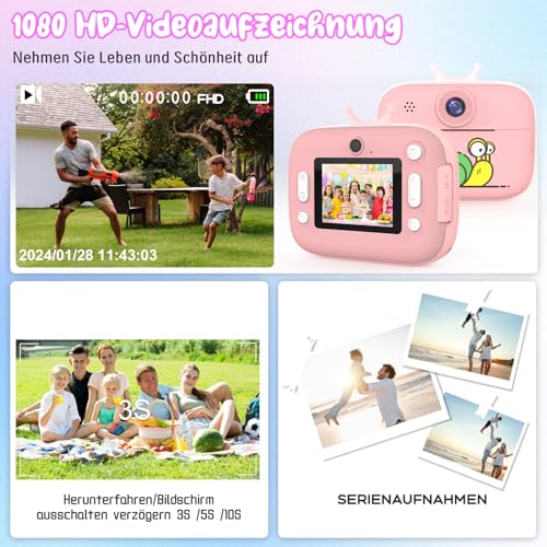 Nauotk Kinderkamera Sofortdruck, Digitalkamera für Kinder mit Druckpapier, 32G TF-Karte, Selfie-Videokamera mit 5 Farbstiften Geliefert, Geschenk für Mädchen und Jungen von 3–14 Jahren (Rosa) – Bild 5