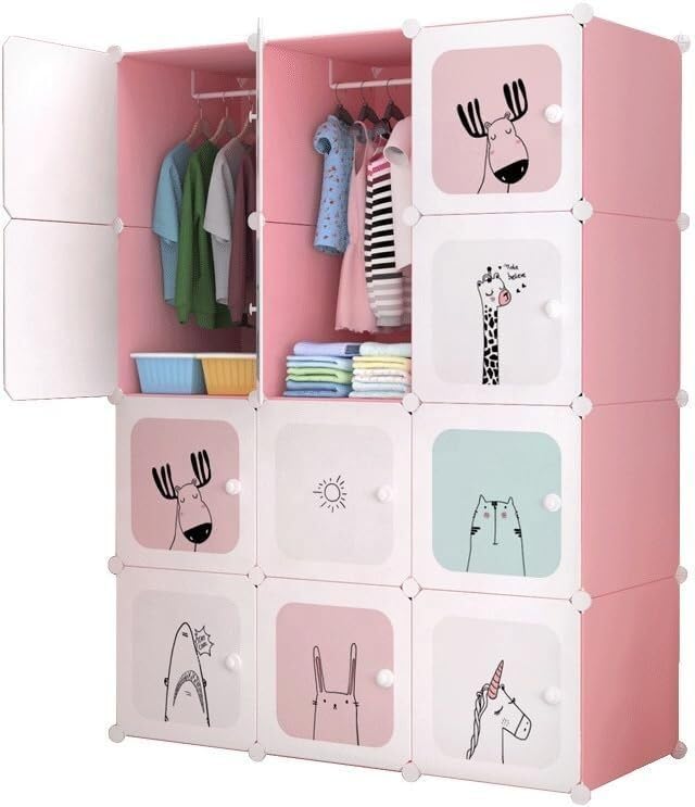 Image of Kids Plastic Modular Wardrobe Storage Cabinet | DIY Clothes Organizer Closet for Children | Multi-Compartment Foldable Storage Cupboard with Hanging Space | Pink Cartoon Design