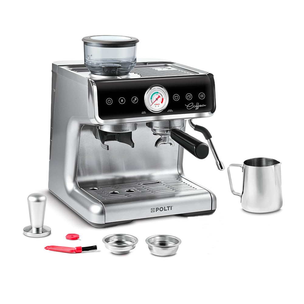 Polti Coffea G50S, Macchina da Caffè con Macina Grani Integrato, per Espresso e Cappuccino, 30 Livelli di Macinatura, Steamymilk Professionale per Montare il Latte, Argento