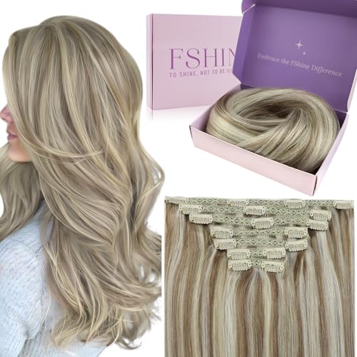 Fshine Clip In Hair Extensions Human Hair Blonde Highlight Clip In Extensions Colour Ash Brown Mix Platinum Blonde 7 Pcs 120 Grams Human Hair Extensions Clip In Human Hair Full Head 35cm