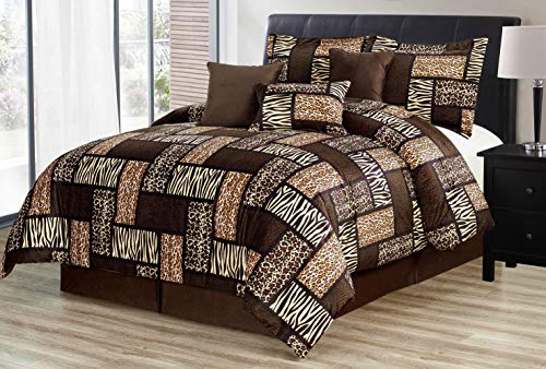 7 Piece Queen Safari Comforter Set - Zebra, Giraffe, Leopard, Tiger Etc - Multi Animal Print Bed In A Bag Brown Beige Black White Micro Fur Bedding #TOP4