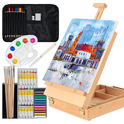 Kuyal Wood Box Easel Artists Painting Set with 18 Acrylic Oil Paint Colors 12 Color Pencil 6 Artist Brushes 1 Stretched Canvas 12 Soft Pastels Art Table Easel with Supplies