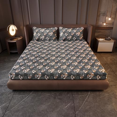 Image of Divine Casa 144 TC Cotton King Size Bedsheet with 2 Pillow Covers | Soft Comfortable Bedsheet for King Size Bed | Breathable Printed Bedding Set | 270 x 270 cm (Graphite Shade, Floral)