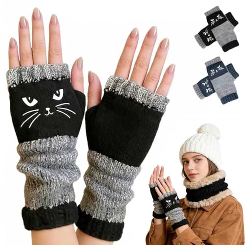Women’s Knitted Fingerless Gloves – Warm Thick Winter Gloves with Cute Cat Embroidery, Cat Face Design, Cozy Fingerless Mittens for Cold Weather (Black)