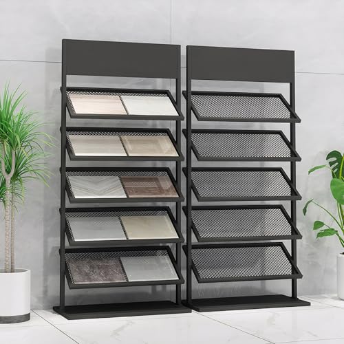 OMKUOSYA 2 Pack Metal Tile Display Stand, Black, 5 Tier Retail Rack for Tile, Wood Floor, Craft Shows