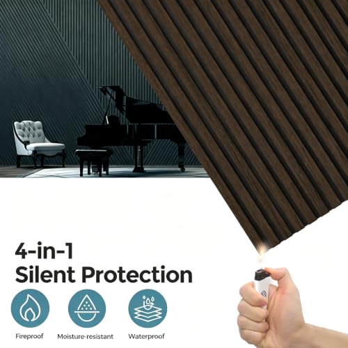 Image of AKUMAX Extra-Thick 0.7 inch Wood Slat Acoustic Wall Panels, 2 Pack 47.2 inch x 23.6 inch, 15.5 ft, NRC 0.80 Sound Absorbing 3D Slat Wall Paneling with Real Wood Veneer, E0 MDF and PET Felt, Black Walnut
