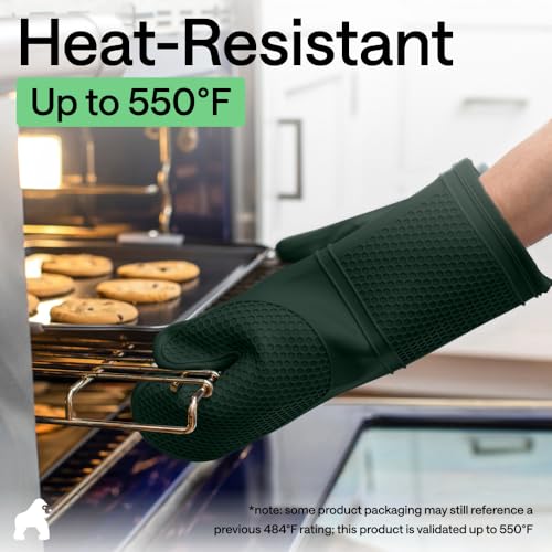 Image of GORILLA GRIP BPA-Free Soft Silicone Oven Mitts, 14.5x8.3, Heat Resistant and Waterproof Cooking Gloves, Thick Cotton Lining, Flexible Gripping for Baking Grilling, Kitchen Potholders Set, Hunter Green