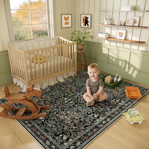 Image of Traditional Design Vintage Floral Area Rug 5 x 7,Washable Area Rugs - Perfect for Living Room, Bedroom, Pet & Child Friendly, Nursery - Stain & Water Resistant Non-Slip, Dining Room Decor