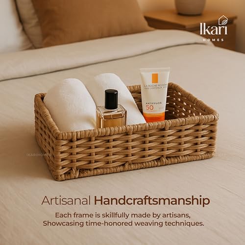 Image of Ikari Homes Rectangular Woven Raffia Basket, Natural Decorative Storage Tray I Boho decor storage vanity basket I Gifting Basket I Sustainable organisor Storage Basket (9 in x 5 in)