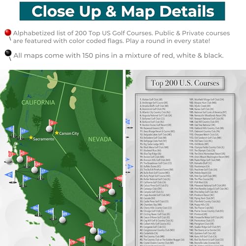 Image of Personalized Canvas Rolled Poster Top 200 Golf Courses USA Canvas - Extra Large 34 inch x 51 inch Personalized Golf Course Tracker with Pins, Framed Golf Wall Decor