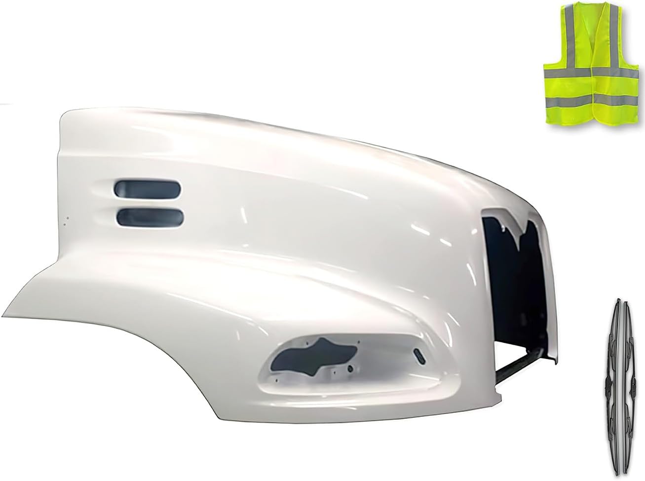 Replacement Fiberglass Hood Shell Compatible with Mack Granite SBA 2007 and newer PLUS 2x 22" Windshield Wipers and KOZAK Reflective Vest included