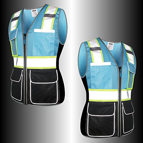Jkwearsa Safety Vest For Women,High Visibility Reflective Work Vest With Multi Pockets And Zipper,Blue And Black,X-Large #TOP4