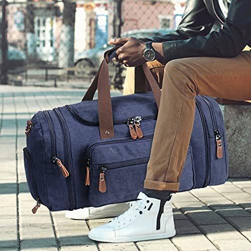 Fitmyfavo Duffle Bag for Men Travel 45L/55L Canvas Weekender Bag with Shoe Compartment Weekender Mens Duffel Bag (Blue) 7 Fitmyfavo Duffle Bag for Men Travel 45L/55L Canvas Weekender Bag with Shoe Compartment Weekender Mens Duffel Bag (Blue)