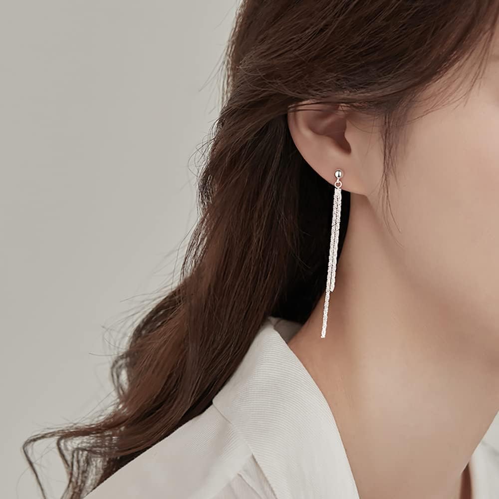 Reffeer Solid 925 Sterling Silver Tassel Chain Dangle Earrings for Women Long Dangle Earrings Drops Minimalist - Image 3