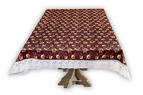Image of The Furnishing Tree Waterproof PVC Rectangle Shaped 2 Seater Table Cover WxL 45x70 inches Floral Pattern Coffee Brown with White Border lace