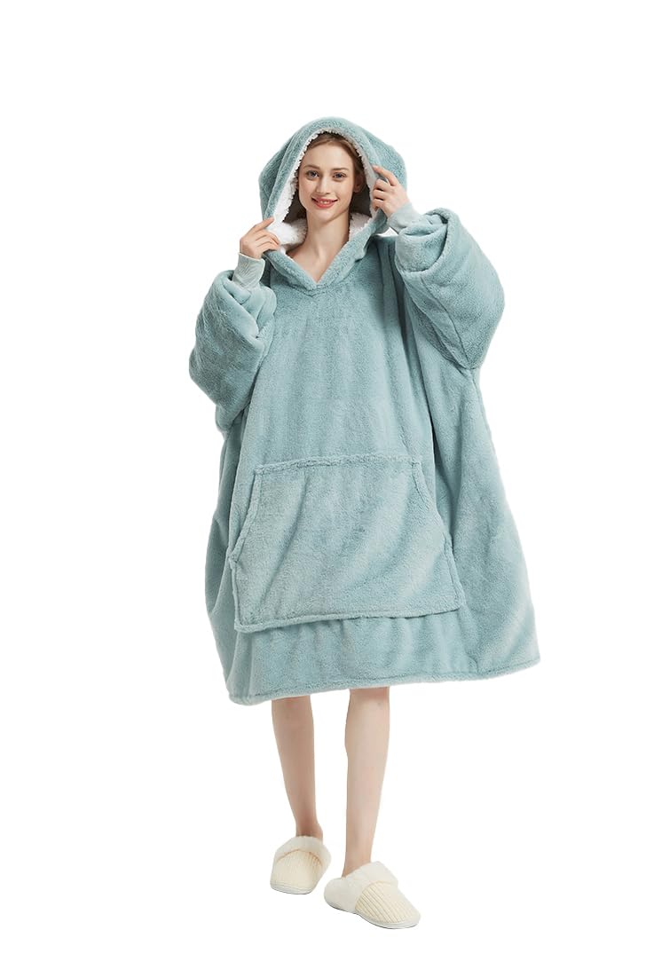 Lanqinglv Koc pod TV z rękawami i kieszenią na stopy, koc z kapturem, oversized, damski / męski sweter z kapturem, puszysty koc na sofę, ciemnoniebieski, koc polarowy Teddy Cashmere Touch