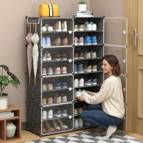 Image of Sunderlook Shoe Rack Plastic for Home- Shoe Stand, Chappal Stand, Professional Multipurpose Foldable Standing Comfort Runner Shoe Rack with Door, Slipper Stand (Black, 16 Shelf 8 Door)