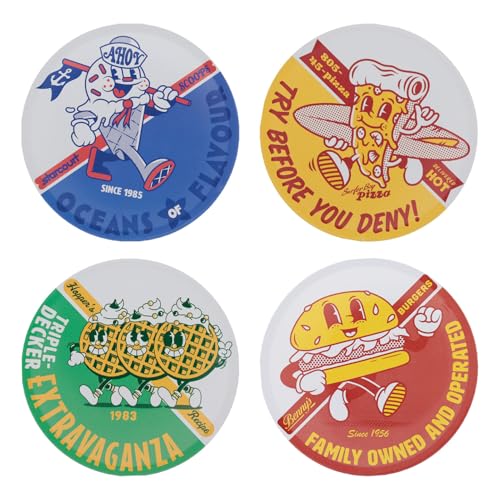 Stranger Things Set of 4 Metal Coasters – Officially Licensed Drinks Coasters, Scoops Ahoy, Surfer Boy Pizza, Benny’s Burgers & Hopper’s Eggo, 89mm